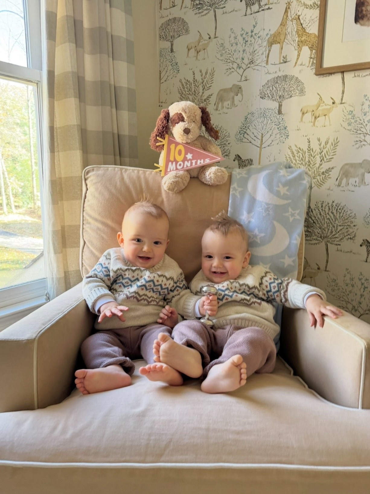 Twin baby boys 10 months old milestone pics - fall sweater sets and turtlenecks

Milestone pennant flag

gender neutral safari nursery and wallpaperr

#LTKHome #LTKFindsUnder50 #LTKBaby