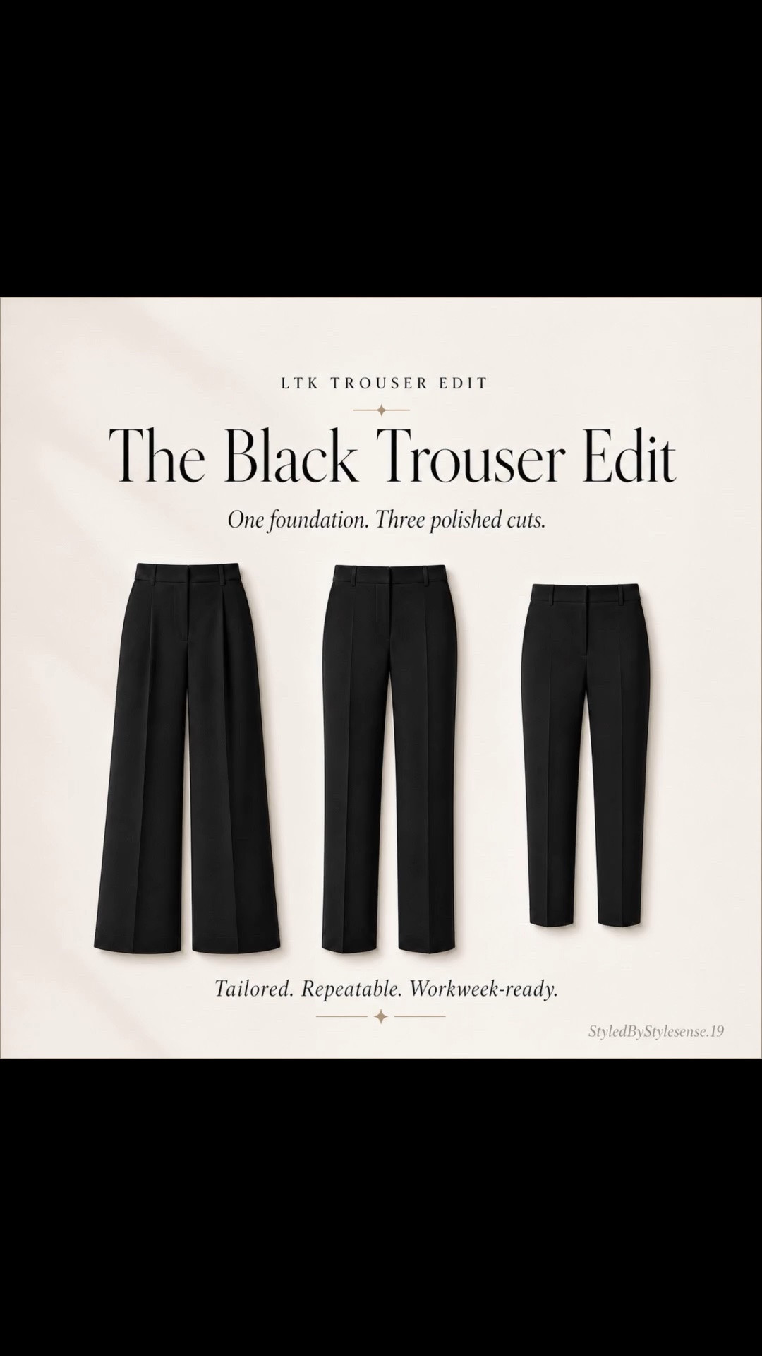 Your black trousers should not just fit.

They should hold the whole formula together.

Wide-leg = polish  
Straight-leg = easy structure  
Ankle = flat + loafer friendly

Tap to shop the black trouser edit.

#LTKWorkwear