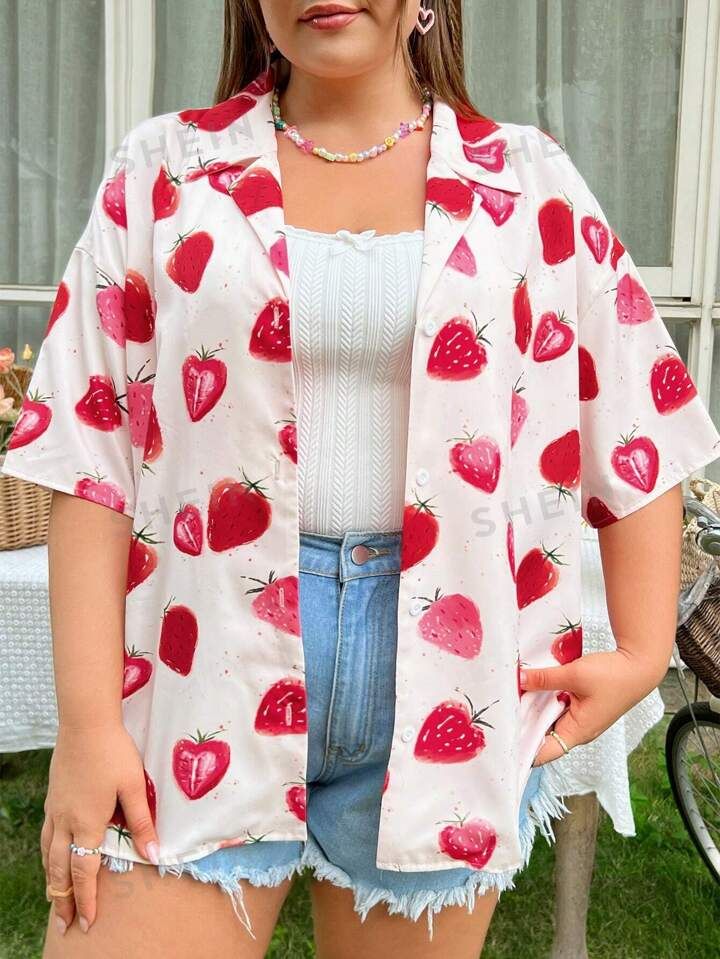 SHEIN Qutie Women'S Plus Size Strawberry Pattern Printed Shirt | SHEIN