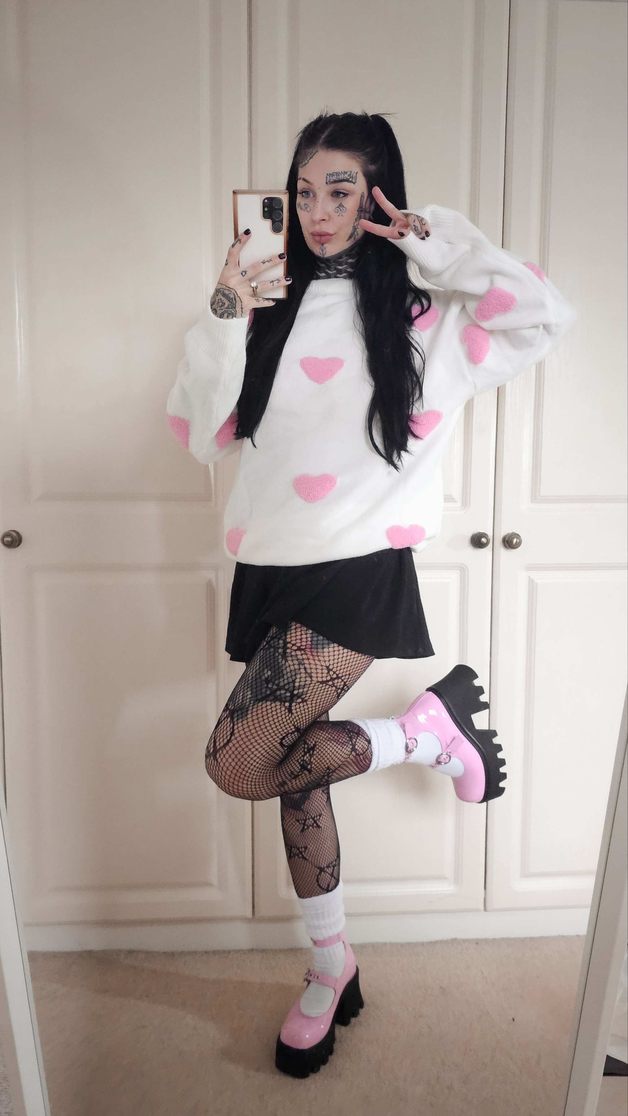 White and pink heart valentines jumper kawaii alternative outfit inspo Black pleated skirtPatterned fishnet tightsPink lamoda platform Mary Jane shoes 

#LTKsalealert #LTKfindsunder50 #LTKstyletip
