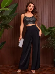 SHEIN Privé Crop Sequin Cami Top and Wide Leg Pants Set | SHEIN