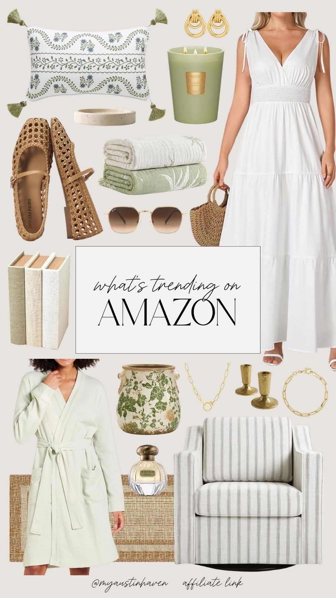 Amazon finds I’m loving right now for fresh summer style, cozy home accents and pretty everyday accessories. 🤍

Amazon finds, Amazon home, Amazon fashion, Amazon decor, trending Amazon finds, summer style, summer outfit, white maxi dress, woven shoes, neutral sandals, summer accessories, gold jewelry, green candle, floral pillow, throw blanket, decorative books, ceramic planter, striped chair, home refresh, cozy home, neutral decor, sage green decor, woven rug, robe, perfume, candlesticks, everyday style, home finds, fashion finds.

#LTKdayinmylife #LTKootd #LTKgrwm