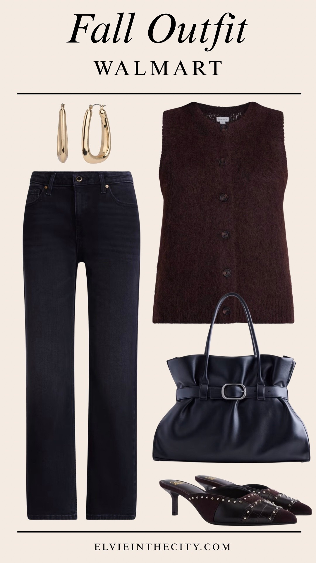 This fall outfit from Walmart includes a brown sweater vest, black jeans, studded mule heels, a faux leather buckle tote bag, and gold toned earrings


Walmart finds, over 50 style, midlife fashion, petite fashion,midlife women, affordable fashion, fashion over40

#LTKOver40 #LTKPetite #LTKootd
