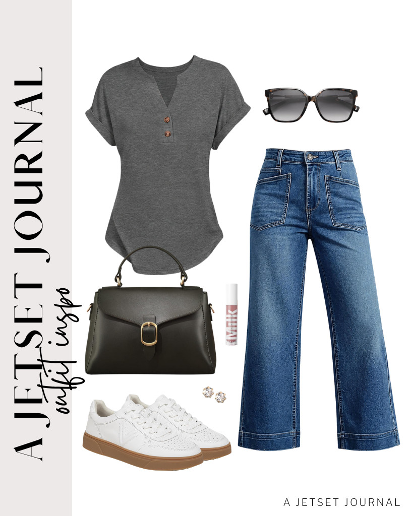 Your next outfit is a gray ANRABESS short-sleeved top paired with Cicy Bell jeans to create a solid foundation. These Vionic court shoes match this fit. You can carry your essentials in a vintage vegan leather bag and throw on these SOJOS square sunnies to complete the look. This cozy look is perfect for your busy schedule.

#LTKSeasonal #LTKSaleAlert #LTKTravel
 

 