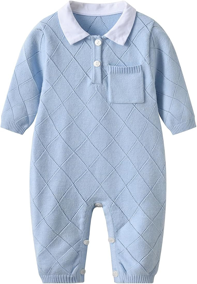 Baby Infant Boy Girl Peter Pan Collar Knit Sweater Romper Outfit Clothes One-Piece Coverall Baby ... | Amazon (US)