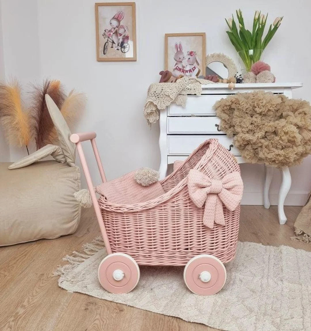 Wiklibox Wicker & Beech Wood Doll's Pram in DUSTY PINK Color and PINK Base Bedding and Bows - Ets... | Etsy (US)