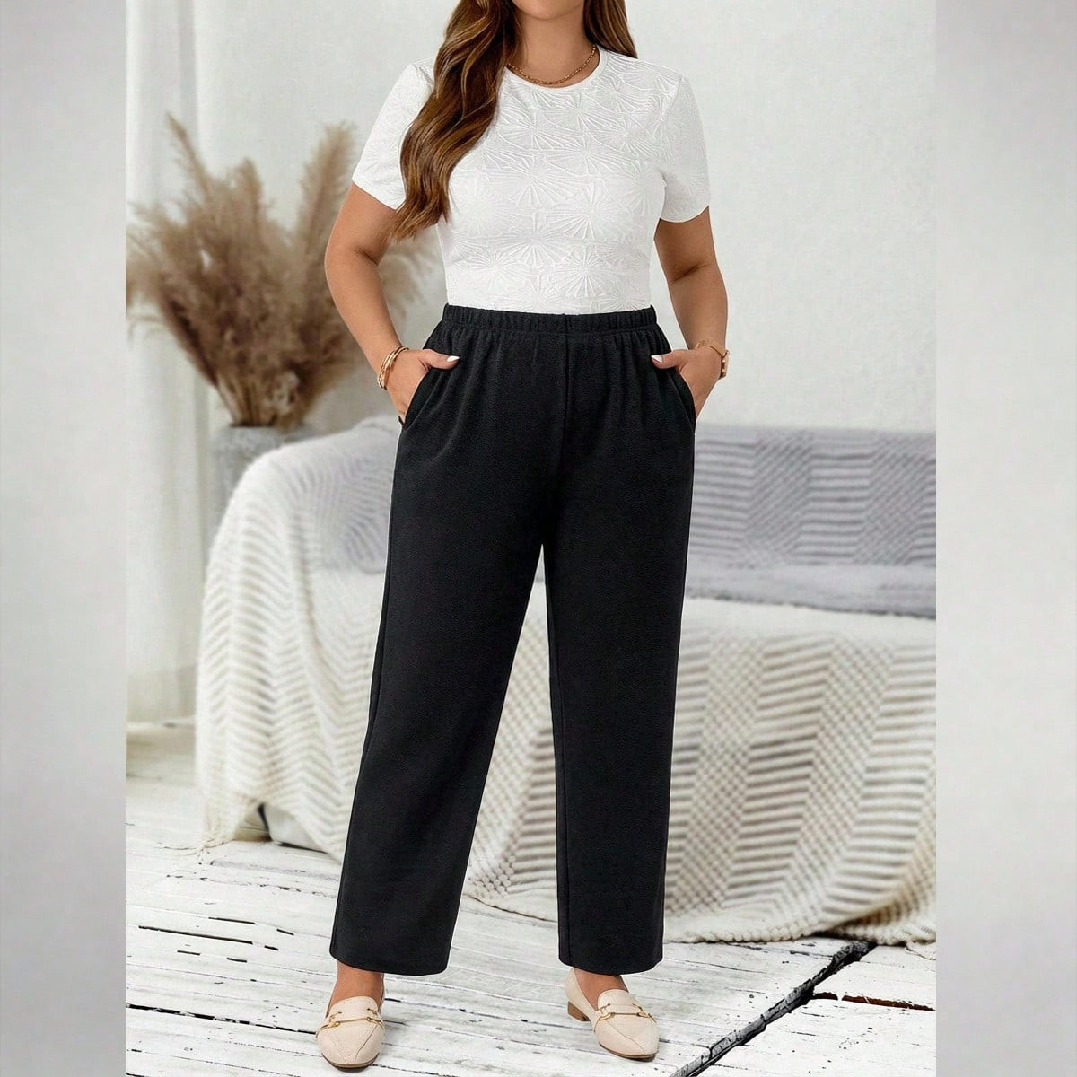 EMERY ROSE Plus Size Women's Casual Daily Black Long Pants With Pockets,Spring/Summer/Vacation | SHEIN