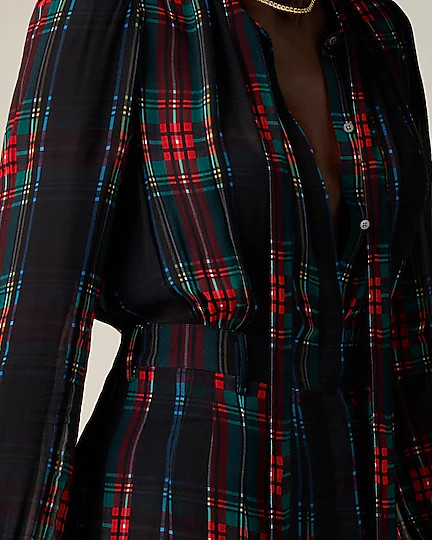 Tie-neck dress in Stewart tartan viscose chiffon | J. Crew US