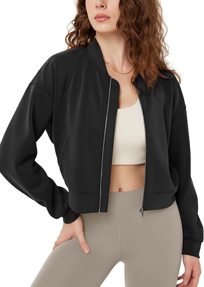 ODODOS Modal Soft Full-Zip Bomber Jacket for Women Long Sleeve Casual Fall Outfit Crop Top with P... | Amazon (US)