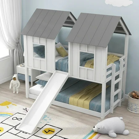 Euroco House-Shaped Twin over Twin Bunk Bed with Roof and Windows for Kids Teens Bedroom, White | Walmart (US)