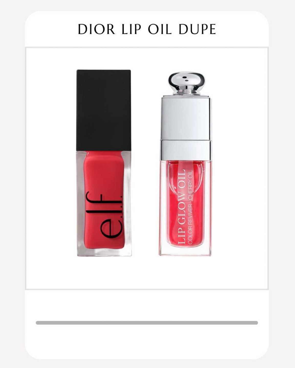 Dior lip oil dupe 👄 

For the drastic price difference I would definitely go for the e.l.f glow reviver lip oil but if your a sucker for packaging and a little luxury the Dior lip glow oil is for you 🤩


Dior beauty, Dior lip oil, Dior lip oil dupe, elf cosmetics, makeup

#LTKbeauty