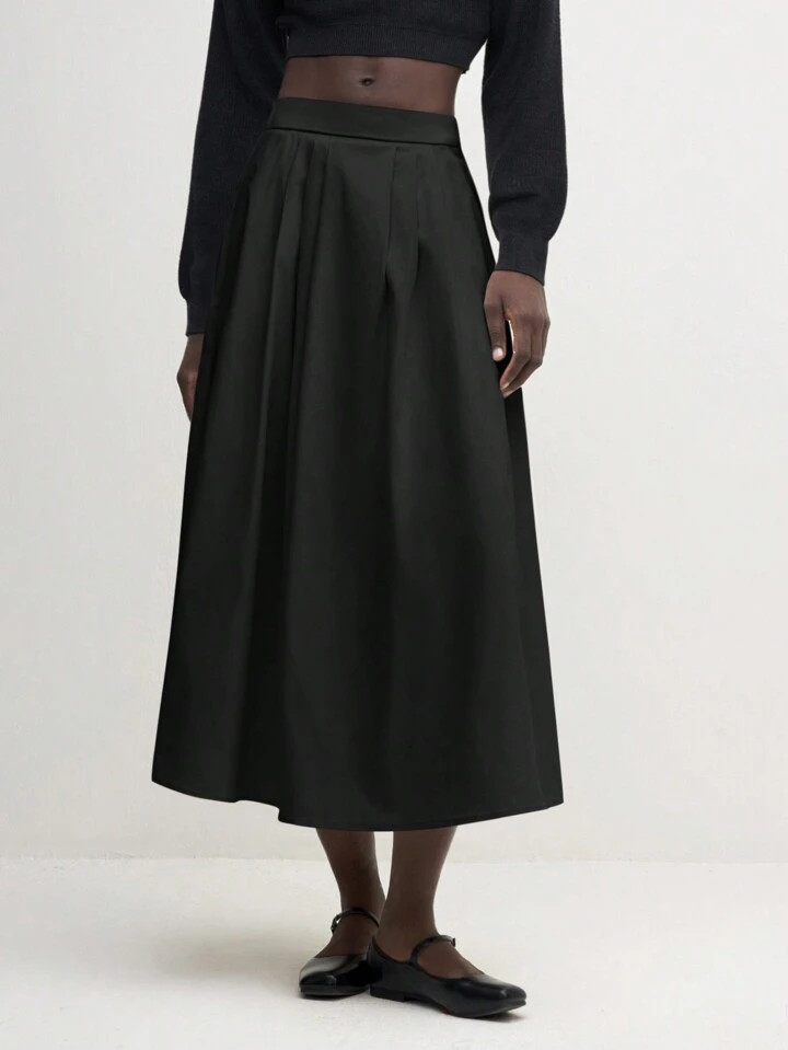 BizChic Saia Midi Longa Elegante Cintura Alta Estilo A-Line De Cor Sólida, Adequada Para Trabalho, Transporte, Básica E Elegante Para Uso No Escritório, Traje Casual Para Negócios | SHEIN