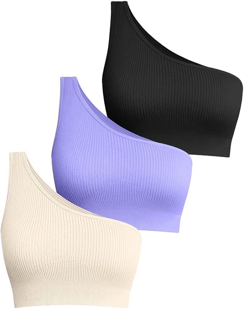 OQQ Women's 3 Piece Medium Support Crop Top One Shoulder Ribbed Seamless Removable Cups Workout E... | Amazon (US)