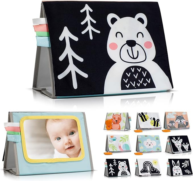 Soft Tummy Time Book with Large Stimulating Baby Safe Mirror - Fun High Contrast Montessori Toy w... | Amazon (US)