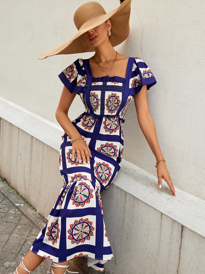 SHEIN Unity Floral Print Shirred Butterfly Sleeve Mermaid Hem Dress | SHEIN