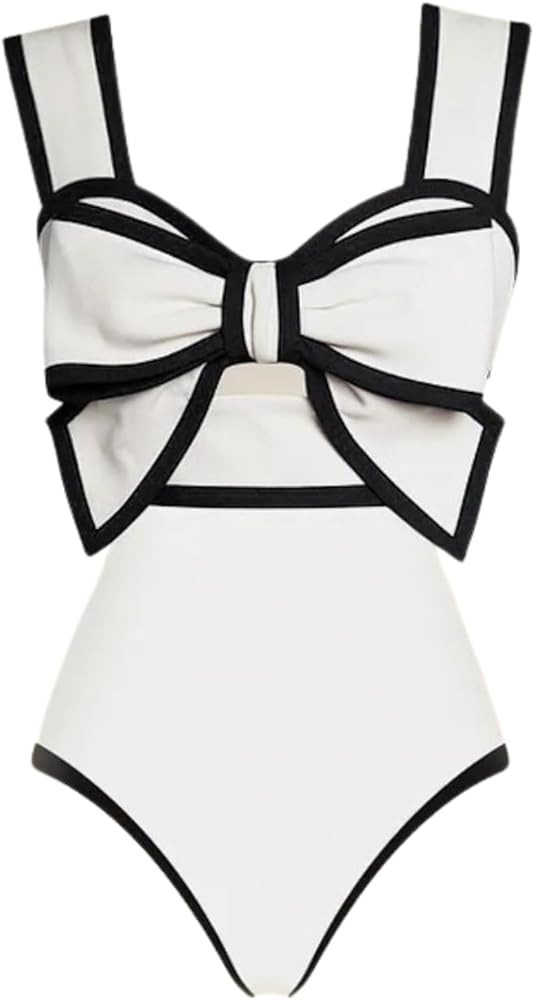 FLAXMAKER Black and White Bow-tie Decor One Piece Swimsuit and Skirt | Amazon (US)