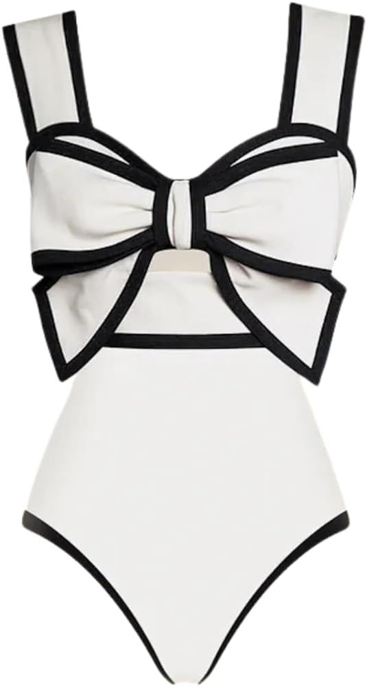 FLAXMAKER Black and White Swimsuit Bow-tie Decor One Piece Bathing Suit | Amazon (US)