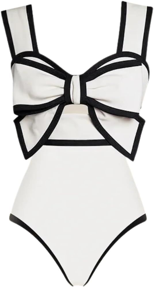 FLAXMAKER Black and White Bow-tie Decor One Piece Swimsuit and Skirt | Amazon (US)