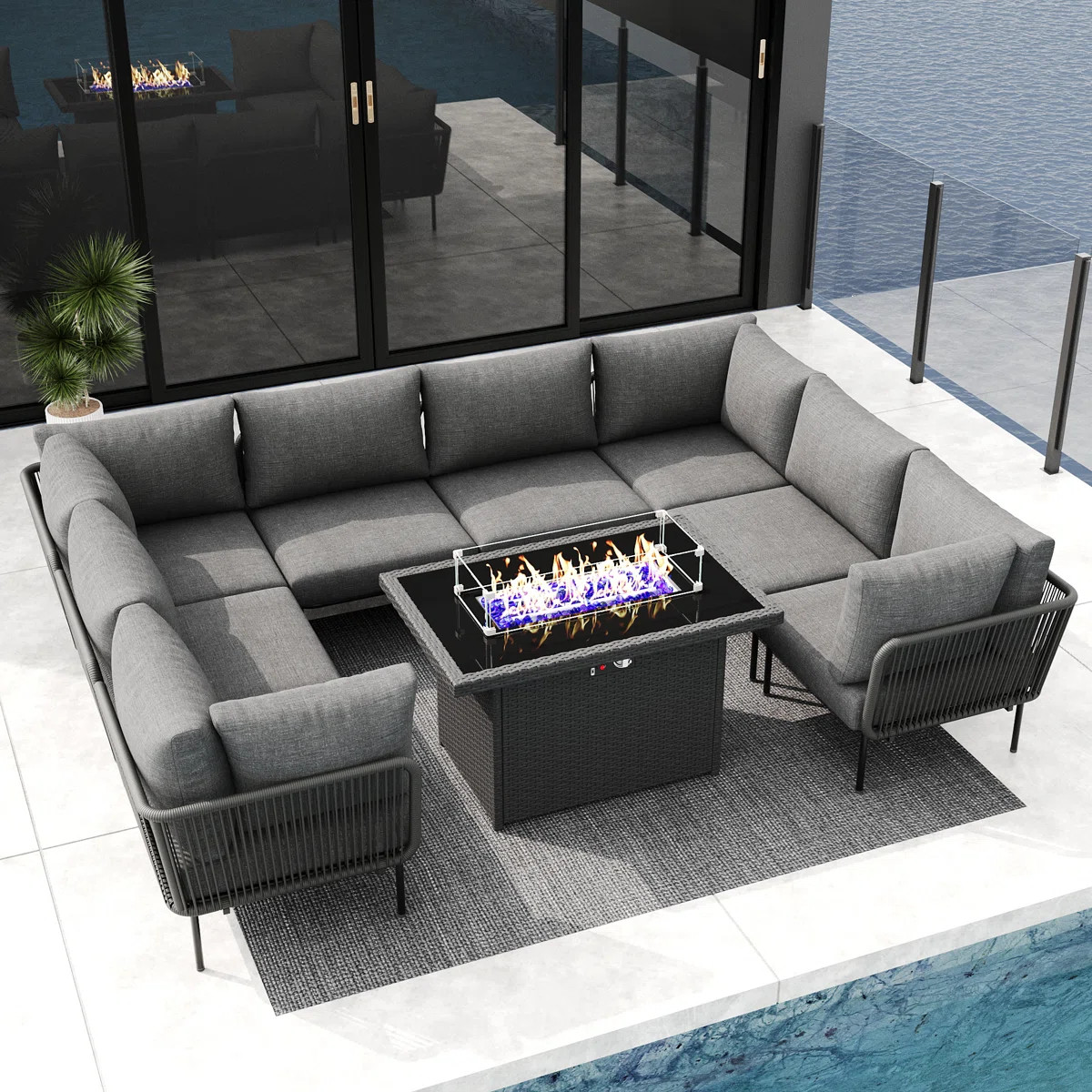 Outdoor Patio Woven Rope Wicker Modular 9 Pieces Sectional Set With Fire Pit Table And Cushions | Wayfair North America