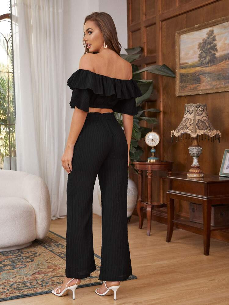 Off Shoulder Crop Top & Paperbag Waist Flare Leg Pants Set | SHEIN