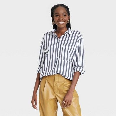Women's Long Sleeve Oversized Button-down Shirt - A New Day™ Navy/white M : Target | Target