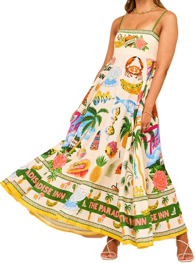 LAPRBY Spaghetti Strap Flower Colorful Boho Dresses Vacation A Line Patterned Graphic Tropical Su... | Amazon (US)