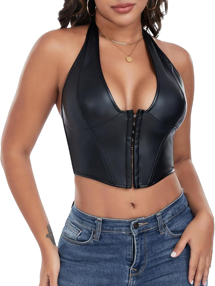 FEOYA Womens Pu Leather Halter Neck Tops Lace Up Backless Corset Bustier Sexy Y2K Going Out Party... | Amazon (CA)