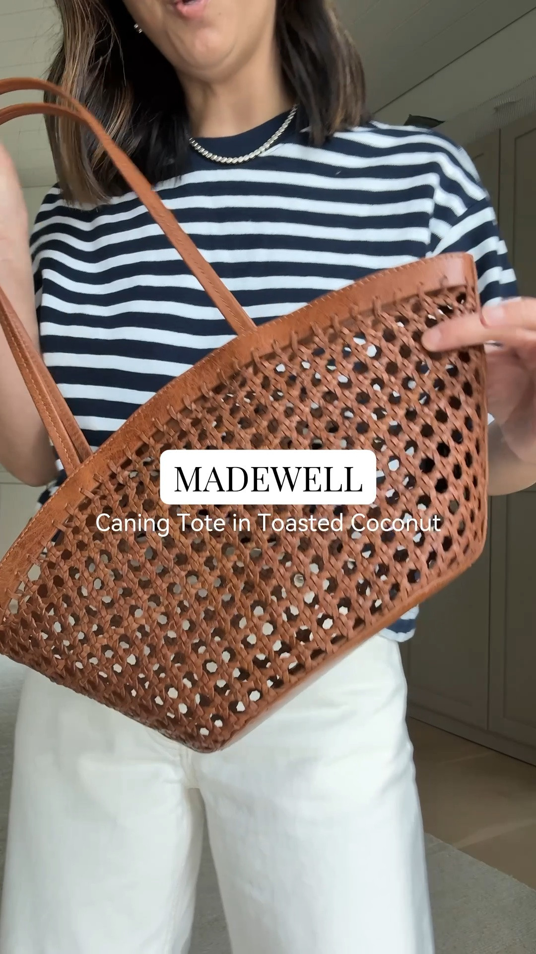 Love this new woven tote from @Madewell. Smaller in size, but the perfect shoulder strap and such a beautiful texture. The cognac color is so good. On sale during the LTK Exclusive In-App Sale with code LTK20. #madewell #madewellpartner #ad

Navy stripe tee xs
White darted barrel jeans 24 petite, but would prefer the petite 25.
Caning tote in toasted coconut