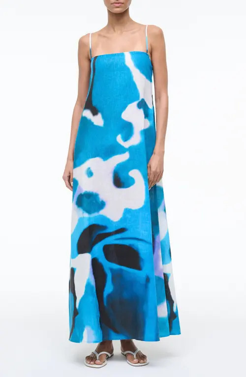 STAUD Laura Print Linen Maxi Dress in Blue Haze at Nordstrom, Size Small | Nordstrom