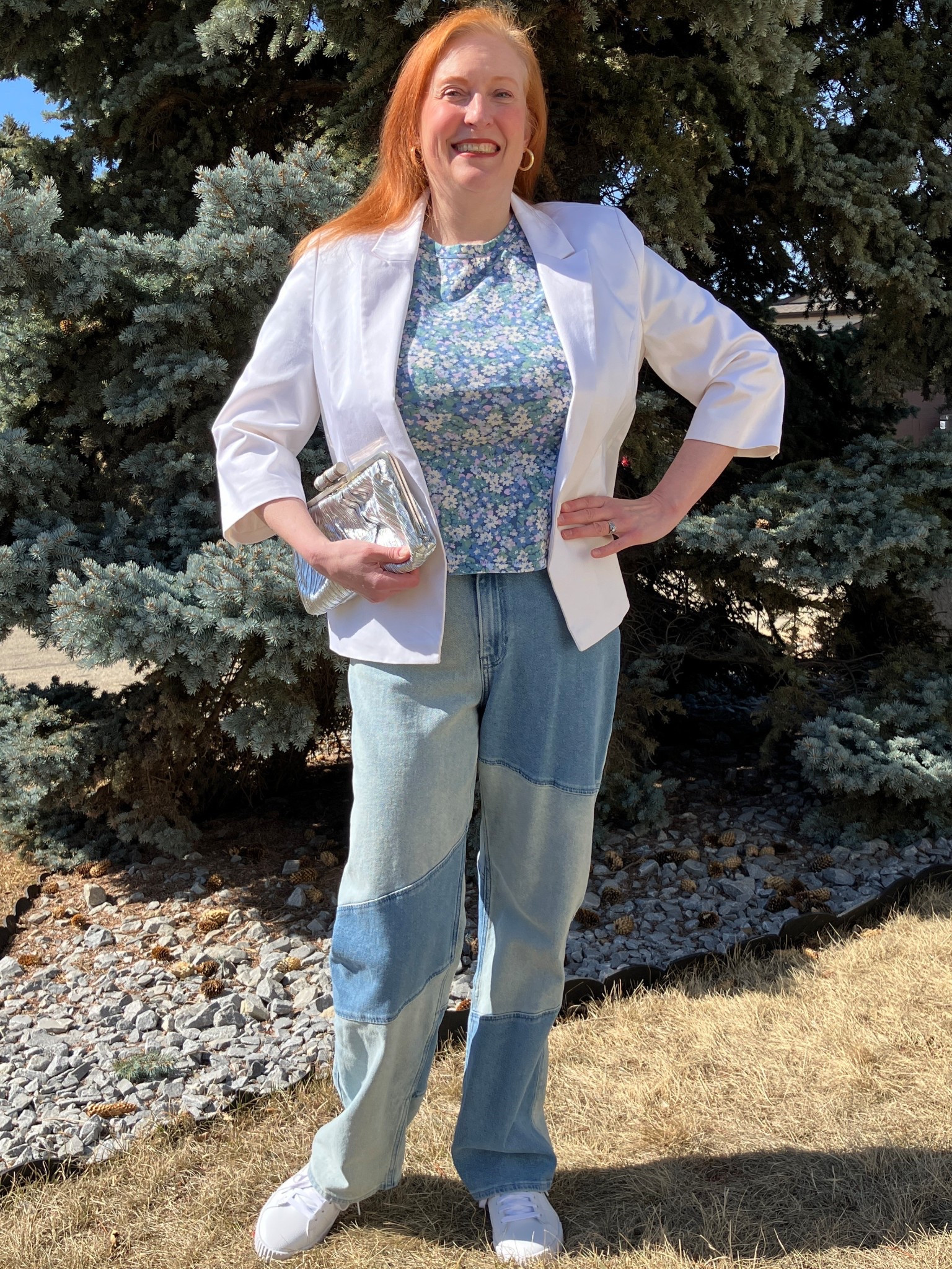 I’m no longer holding out for a hero - I married mine! ❤️ I love that this spring basically any type of jeans are cool. I could be wrong but I have been seeing every style of jeans on Instagram these days. A floral shirt, white blazer and sneakers, and a shiny silver bag and I’m ready to do whatever I need to do - which is mostly homeschooling these days so off goes the blazer at home. Hopefully the weather will keep cooperating but I hear that we might get snow again next week. 😫 Canadians click on the first links to shop, and Americans click on the second links to shop. If there’s only one link then you can shop it in your own country. And remember, trendy doesn’t have to be expensive! Bye!

#LTKootd #LTKOver40 #LTKMidsize