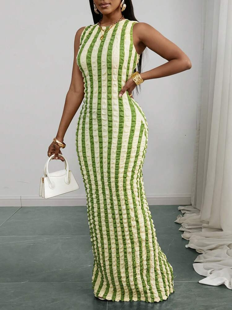 Slaydiva 2025 Summer New Music Festival Easter Mother's Day Elegant Dignified Attend Wedding Birthday Graduation Student Daily Casual Vacation Cruise Beach Sunbathing Graceful Commute Business Casual Round Neck Off-Shoulder High-Slit Colorful Striped Textured Striped Corn Kernels Green Women Dress | SHEIN