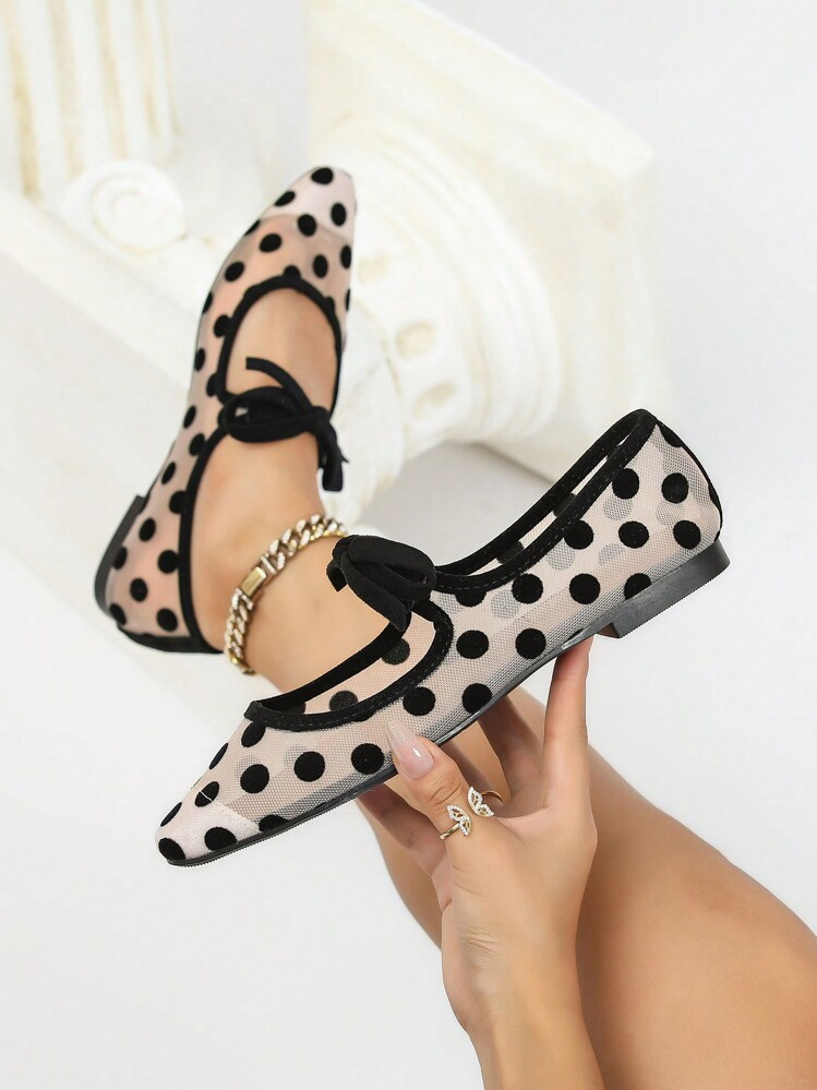 CUCCOO CHICEST 2024 New Mesh Polka Dot Bow Decor Elegant Versatile Women Flat Shoes Spring Shoes Spring Break Easter For Christmas Valentine's Day Elegant Shoes Wedding Shoes Spring Shoes Bride Shoes | SHEIN