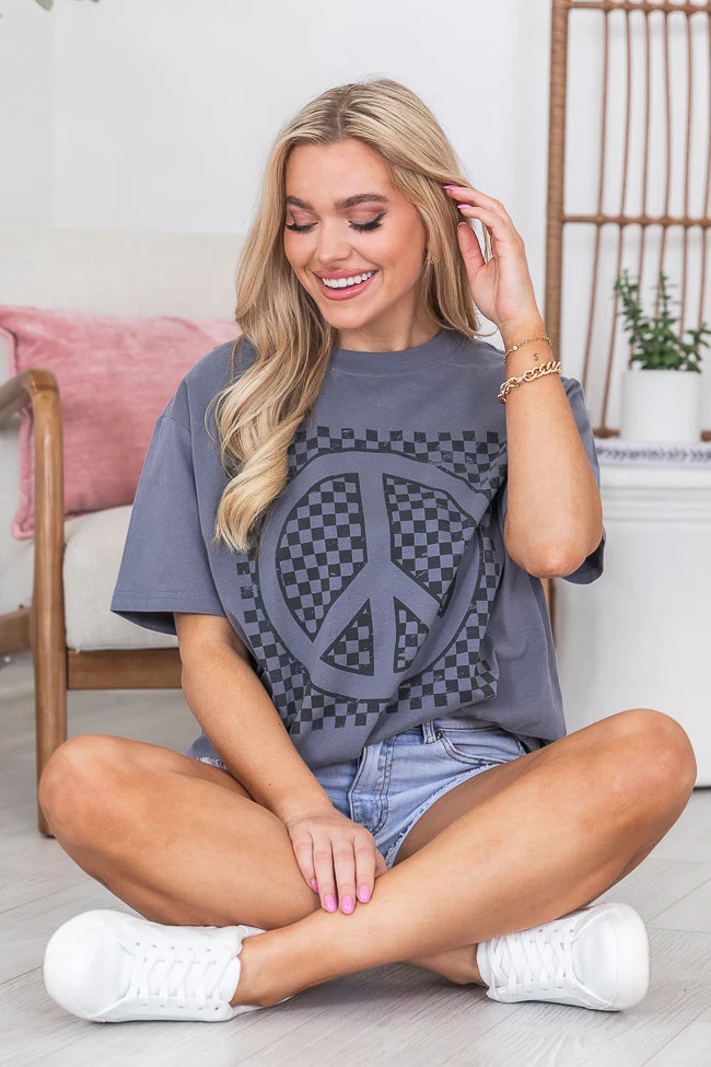Checkered Peace Grey Oversized Graphic Tee | Pink Lily