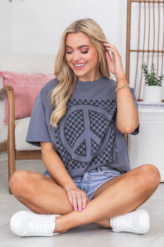 Checkered Peace Grey Oversized Graphic Tee | Pink Lily