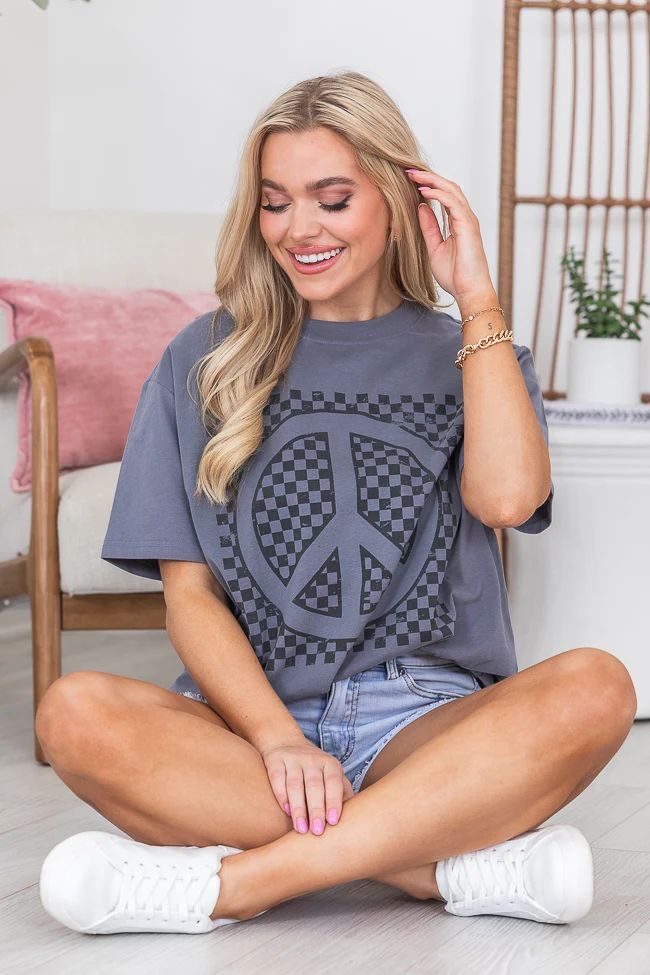 Checkered Peace Grey Oversized Graphic Tee FINAL SALE | Pink Lily