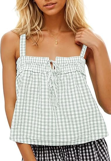 Women Plaid Cropped Camisole Tops Ruched Tie Front Square Neck Backless Loose Cute Crop Cami Tank... | Amazon (US)