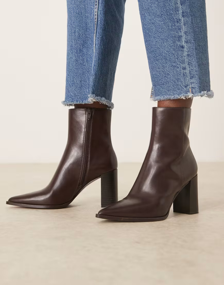 Mango faux leather pointed heeled ankle boot in brown | ASOS (Global)