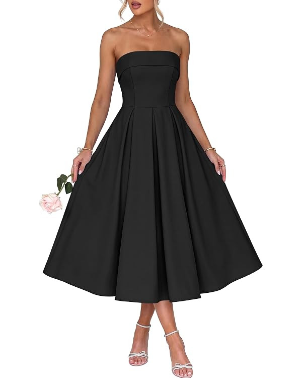 Caracilia Women’s Strapless Semi Formal Midi Dress Summer Tube Top Pleated Flowy Spring Wedding... | Amazon (US)