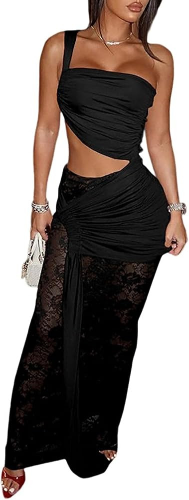Womens One Off Shoulder Maxi Dresses Sexy Bodycon Mesh Lace Ruched Split Hollow Out Wrap Dress Co... | Amazon (US)