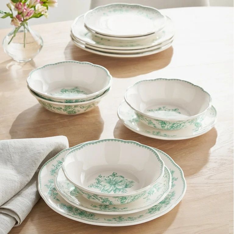 The Pioneer Woman Agatha 12-Piece Stoneware Dinnerware Set, Green | Walmart (US)
