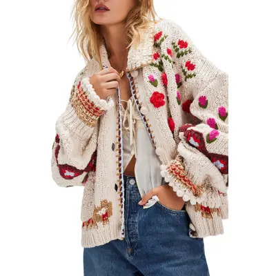 Free People Rosebud Oversize Cardigan in Ivory Combo at Nordstrom, Size Large | Nordstrom