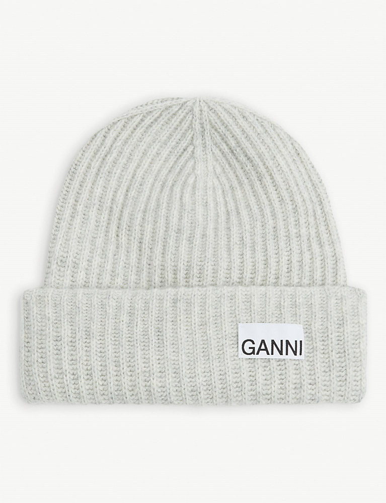 GANNI Logo-patch recycled-wool blend beanie | Selfridges