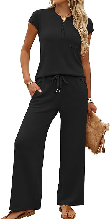 Casly Lamiit 2 Piece Lounge Sets for Women Summer Outfits Travel Airport Henley Sweatsuit Casual ... | Amazon (US)