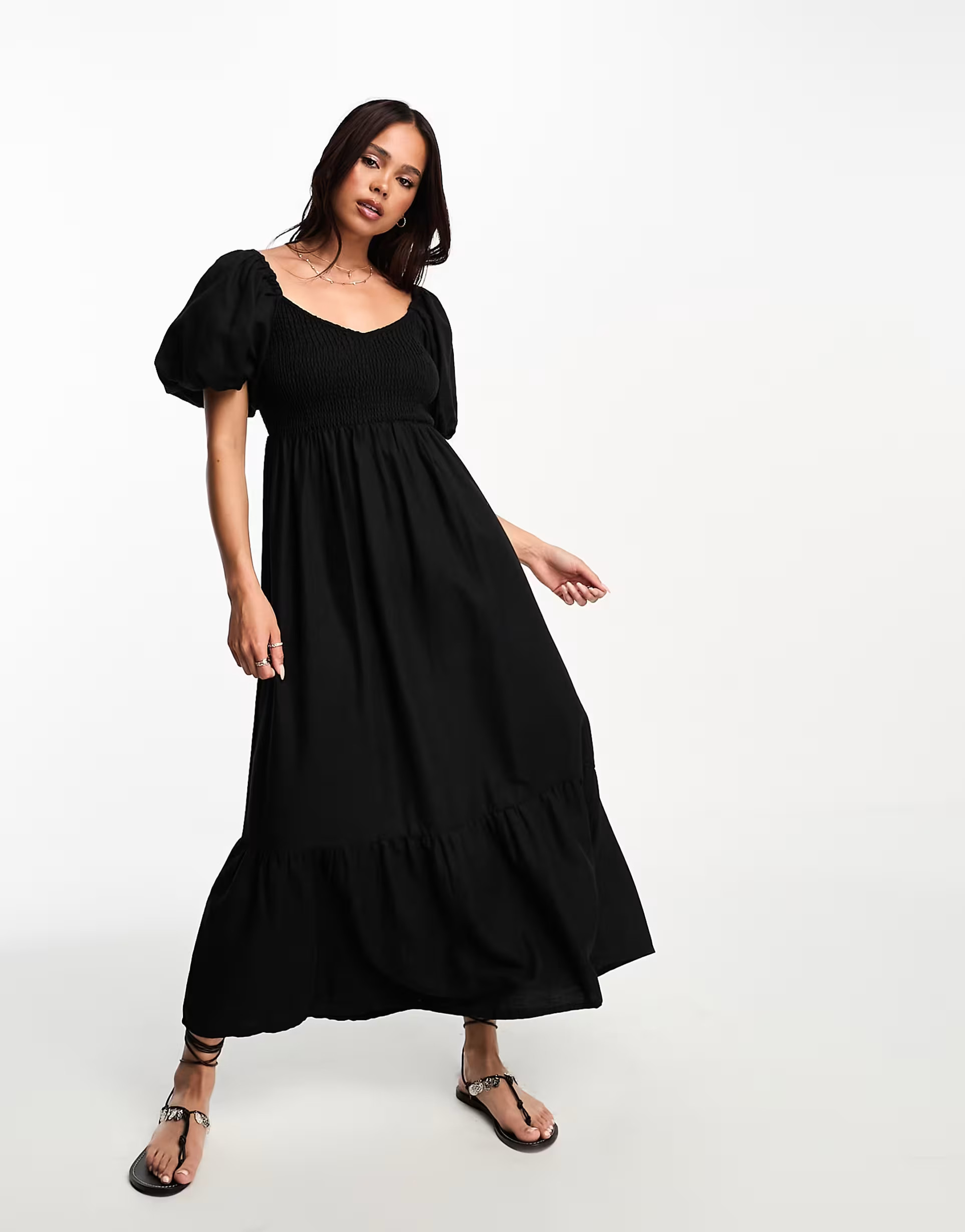 New Look puff sleeve shirred top midi dress in black | ASOS (Global)