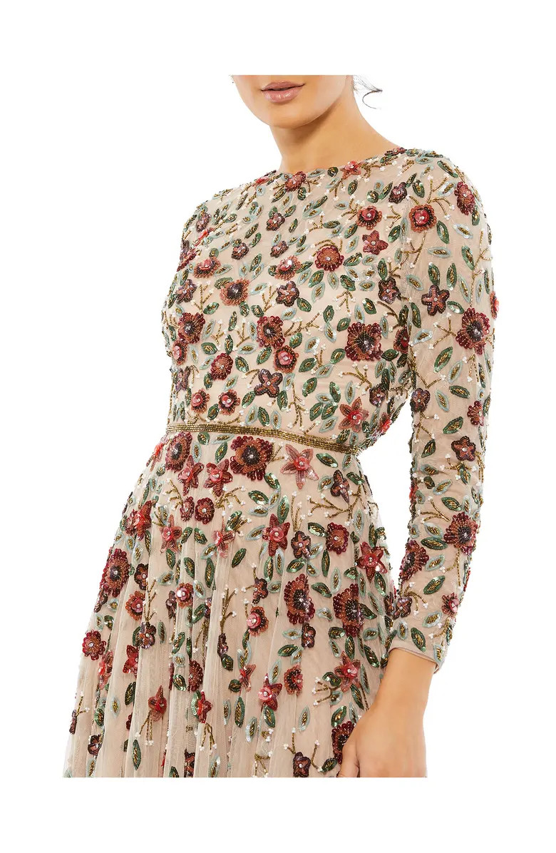 Floral Sequin Long Sleeve A-Line Gown | Nordstrom