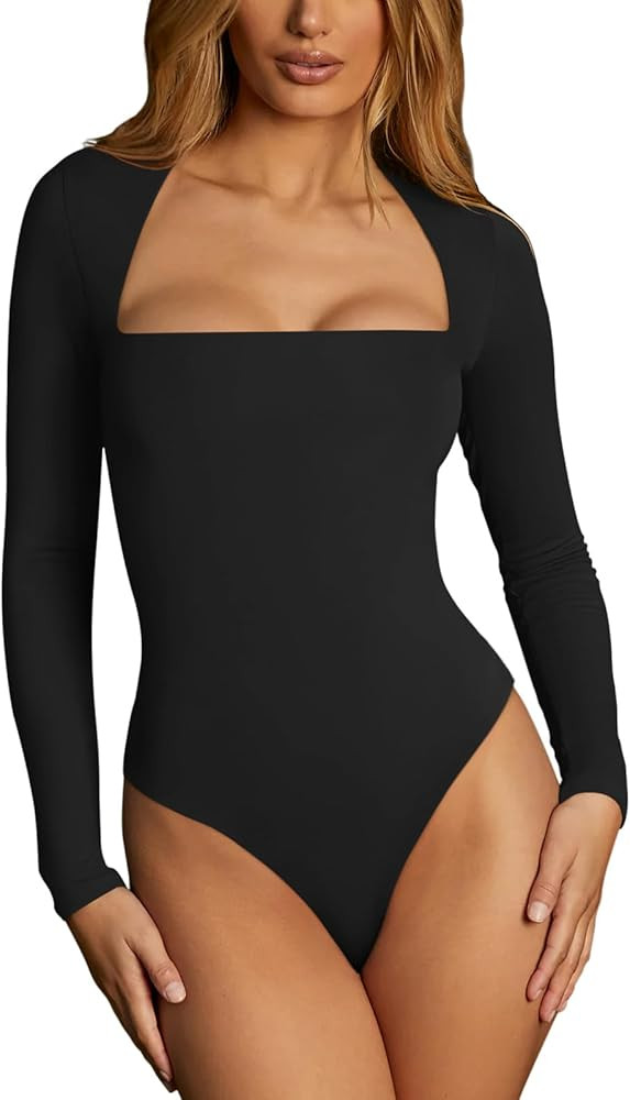 REORIA Womens Sexy Square Neck Double Lined Seamless Shirt Stretchy Long Sleeve Bodysuit Tops | Amazon (US)