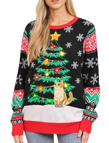 RAISEVERN Ugly Christmas Sweater for Women Funny Light Up Xmas Tree Cat Knitted Pullover LED Winter Snowflake Long Sleeve Sweaters Holiday Jumper | Amazon (US)