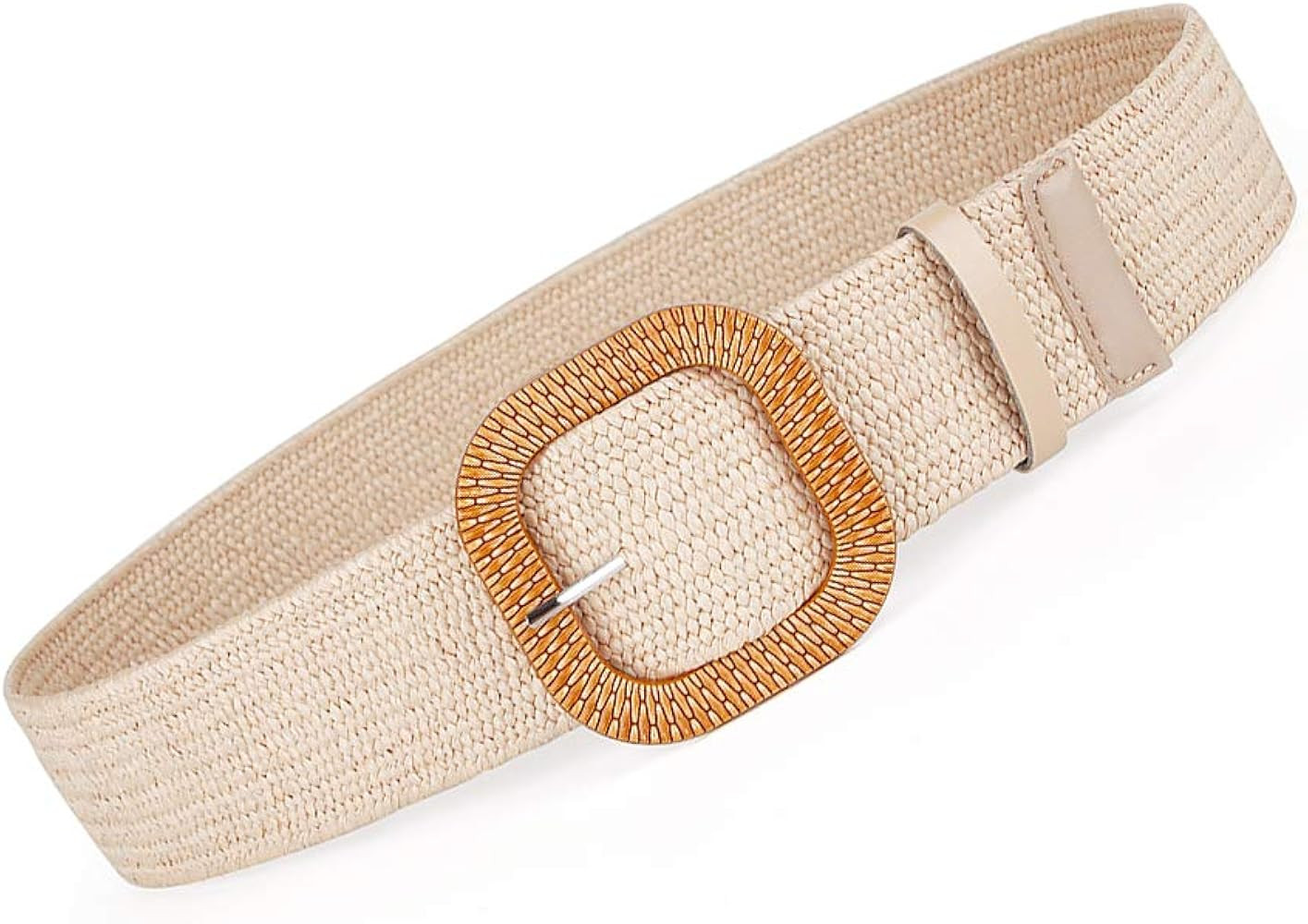 Women Belts For Dresses, Elastic Straw Rattan Waist Band With Large Buckle | Amazon (US)