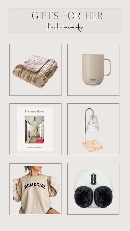 Gift ideas for the homebody. Cozy textured blanket from Walmart under $25. Ember coffee mug in a gorgeous neutral color, coffee table book for home decor inspired, candle lamp, home girl sweatshirt, heated foot massager 

#LTKGiftGuide #LTKCyberWeek #LTKHoliday