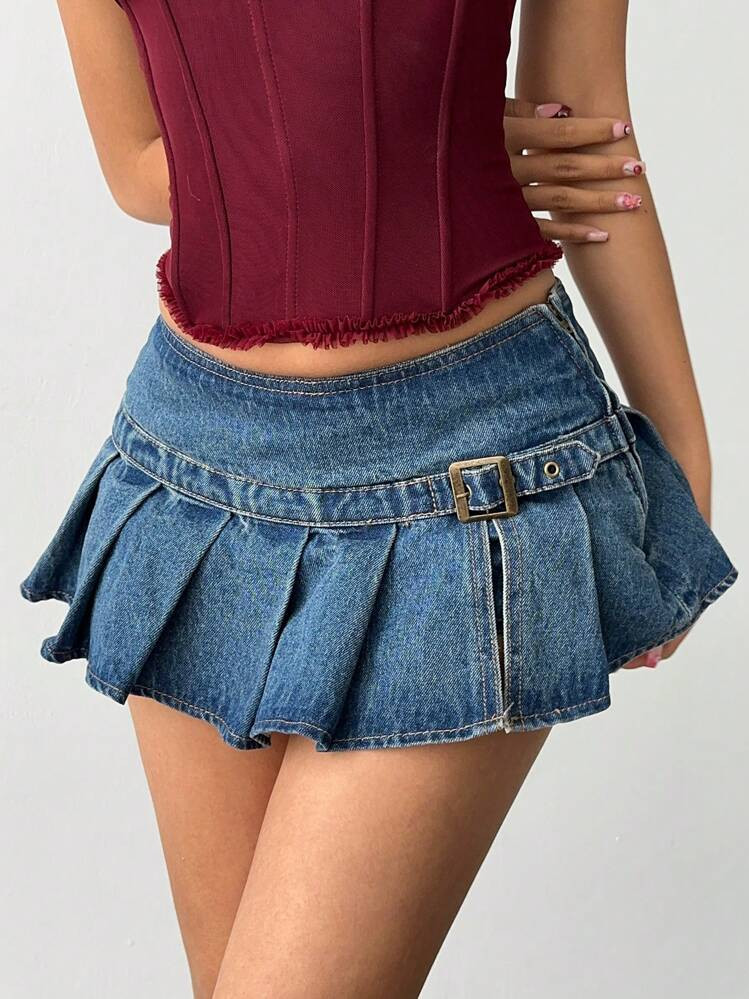 Aloruh Women's Sexy Ultra-Low Waist Denim Pleated Mini Skirt, Night Out | SHEIN